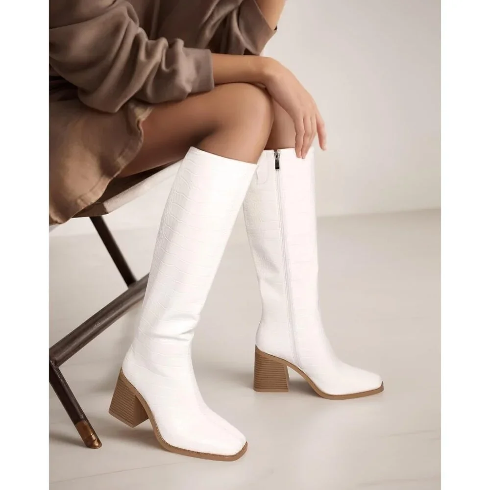 Women Crocodile White Polyurethane Knee High Square Toe Block Heel Tall Boots